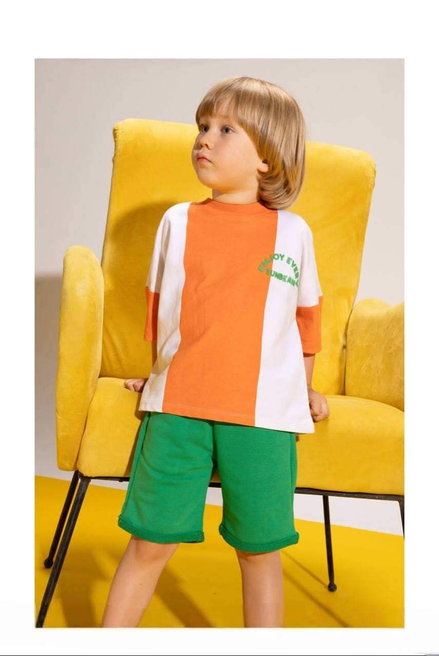 Boys' Color Block T-Shirt & Green Shorts Set – Cotton Summer 2-Piece Casual Outfit