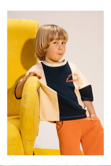 Boys' Color Block T-Shirt & Orange Shorts Set – Cotton Summer 2-Piece Casual Outfit