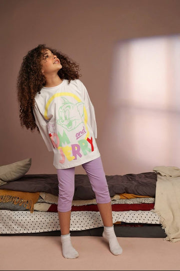 Girls' Tom & Jerry Oversized Graphic T-Shirt & Lilac Capri Leggings Set – Cotton 2-Piece Casual Outfit