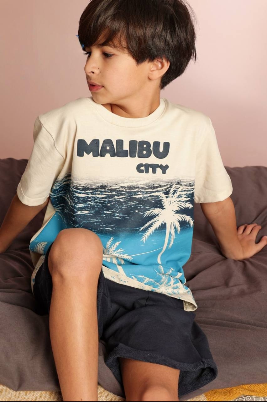 Boys' Malibu Beach Graphic T-Shirt & Navy Shorts Set – Cotton Summer 2-Piece Casual Outfit