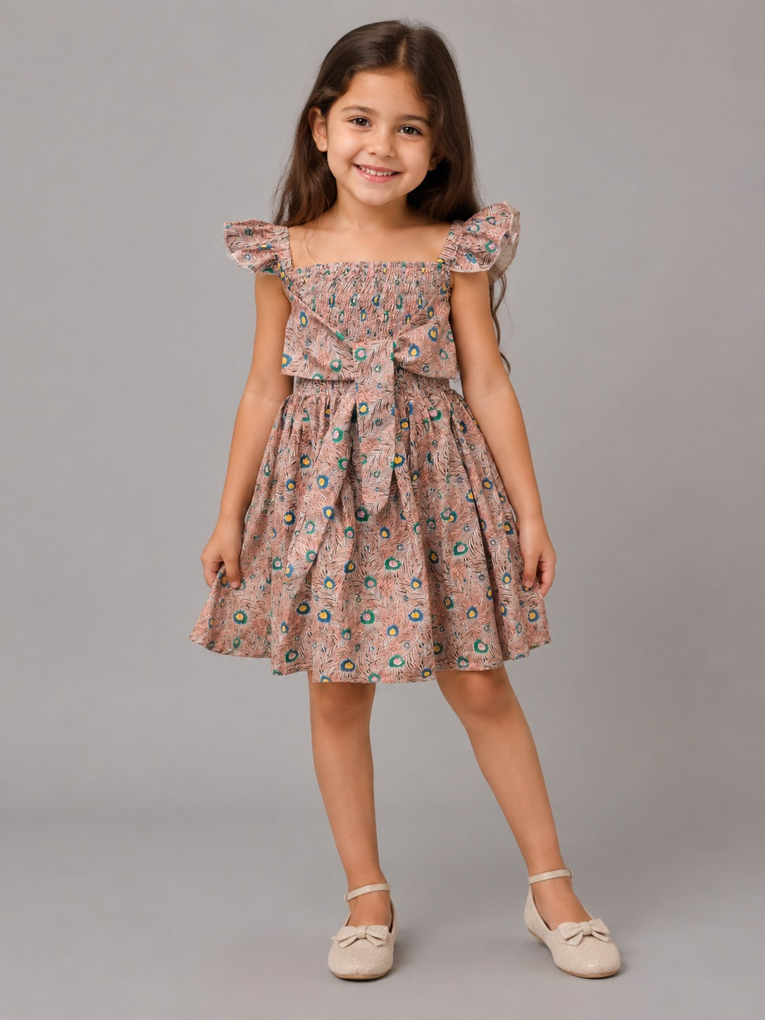 Girls' Floral Smocked Ruffle Sleeve Dress – Elegant Cotton Summer Dress