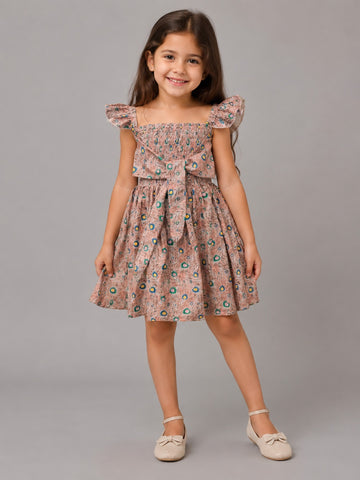 Girls' Floral Smocked Ruffle Sleeve Dress – Elegant Cotton Summer Dress