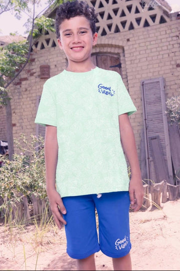Boys' Good Vibes Graphic T-Shirt & Blue Shorts Set – Cotton Summer 2-Piece Outfit