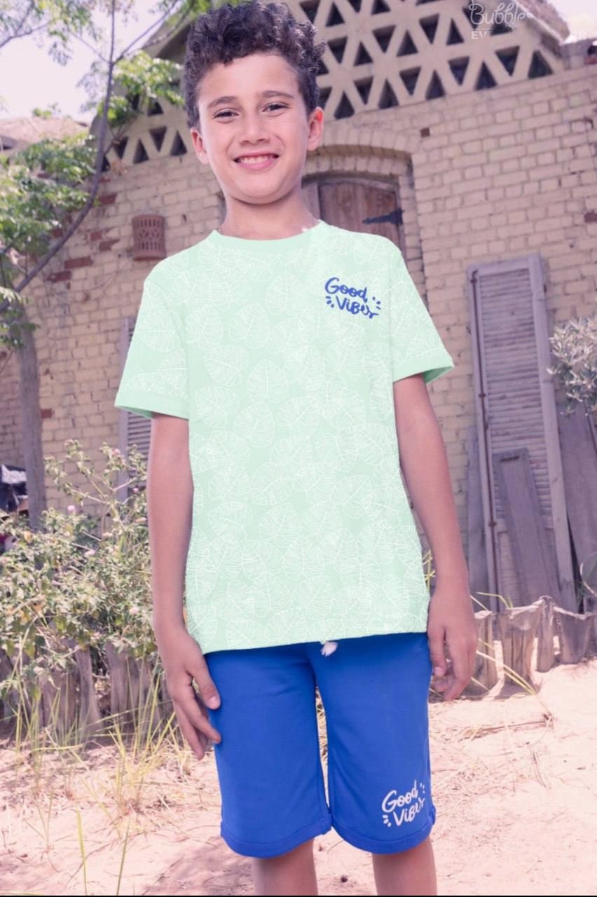 Boys' Good Vibes Graphic T-Shirt & Blue Shorts Set – Cotton Summer 2-Piece Outfit