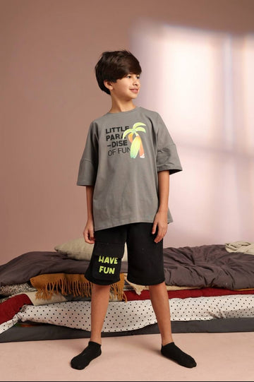 Boys' Oversized Paradise Graphic T-Shirt & Black Shorts Set – Cotton Summer 2-Piece Outfit