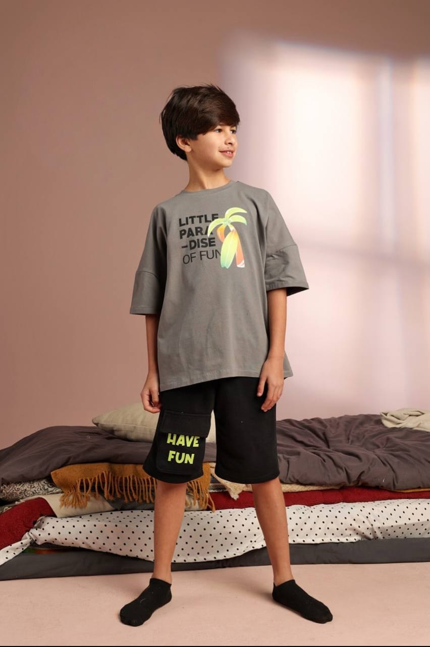 Boys' Oversized Paradise Graphic T-Shirt & Black Shorts Set – Cotton Summer 2-Piece Outfit