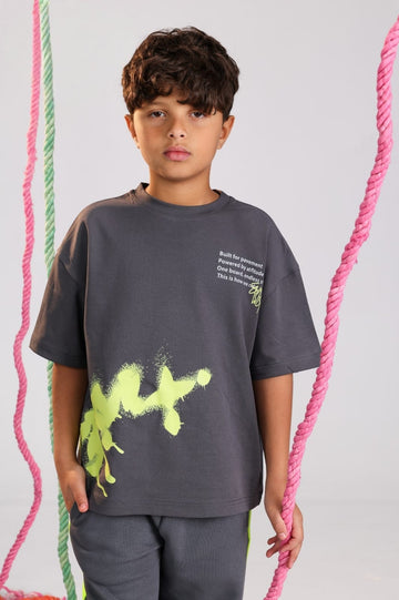Boys' Oversized Charcoal Graphic T-Shirt & Wide-Leg Pants Set – Cotton Casual 2-Piece Outfit