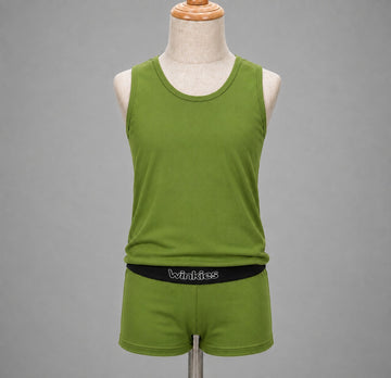 Boys’ Olive Green Tank Top & Shorts Set – Textured 2-Piece Casual Summer Outfit