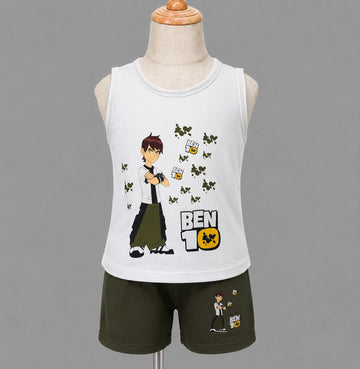Boys’ Ben 10 Tank Top & Shorts Set – White and Olive Green Graphic 2-Piece Outfit