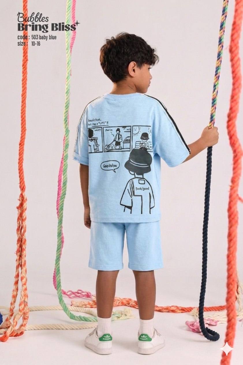 Boys' Baby Blue Graphic T-Shirt & Shorts Set – Casual 2-Piece Cotton Outfit | Ages 10–16