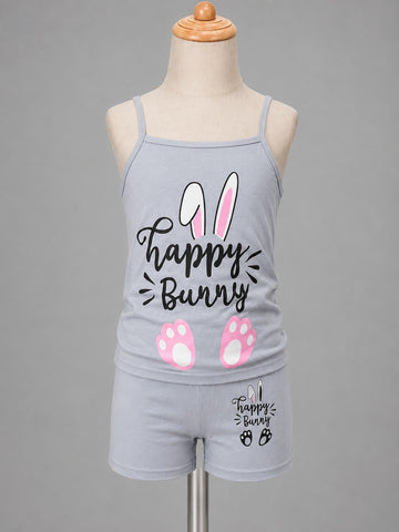 Girls’ Happy Bunny Graphic Tank Top & Shorts Set – Grey 2-Piece Summer Outfit