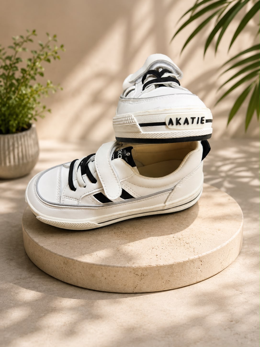 Kids’ White & Black Sneakers with Velcro Strap – Stylish Casual Shoes