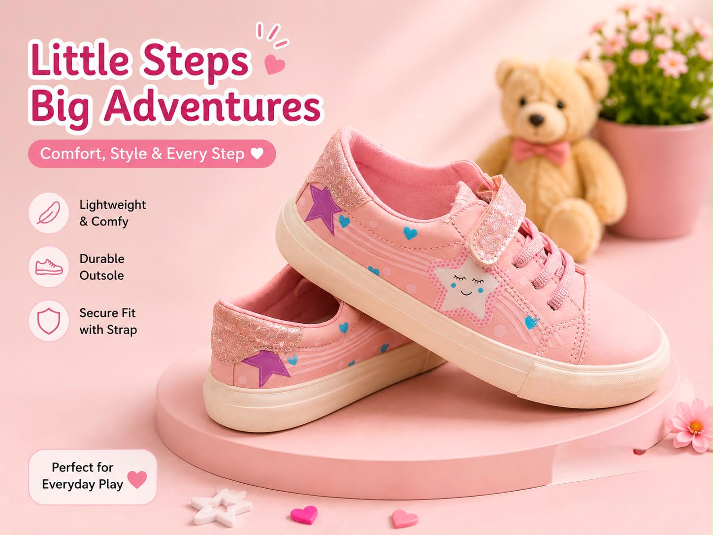 Girls’ Pink Star Sneakers with Velcro Strap – Lightweight Casual Kids’ Shoes