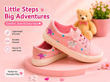 Girls’ Pink Star Sneakers with Velcro Strap – Lightweight Casual Kids’ Shoes