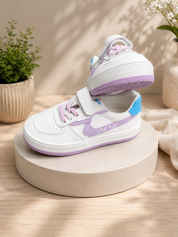 Girls’ White & Lilac Kids Sneakers with Velcro Strap – Stylish Casual Shoes