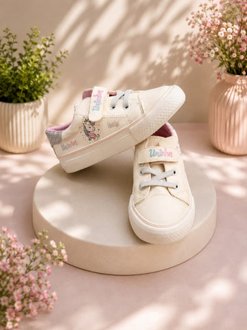 Girls’ Unicorn Sneakers with Velcro Strap – White Casual Kids’ Shoes