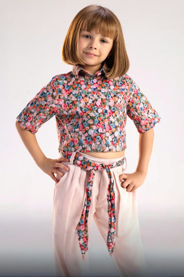 Girls’ Floral Cropped Shirt & Wide-Leg Pants Set – Colorful Flower Print Casual Outfit