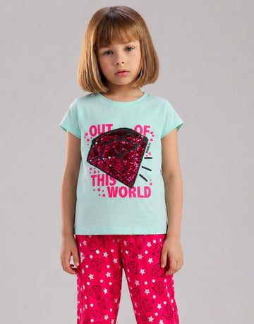 Girls’ Sequin Diamond Graphic T-Shirt & Printed Pants Set – Fun Casual 2-Piece Outfit