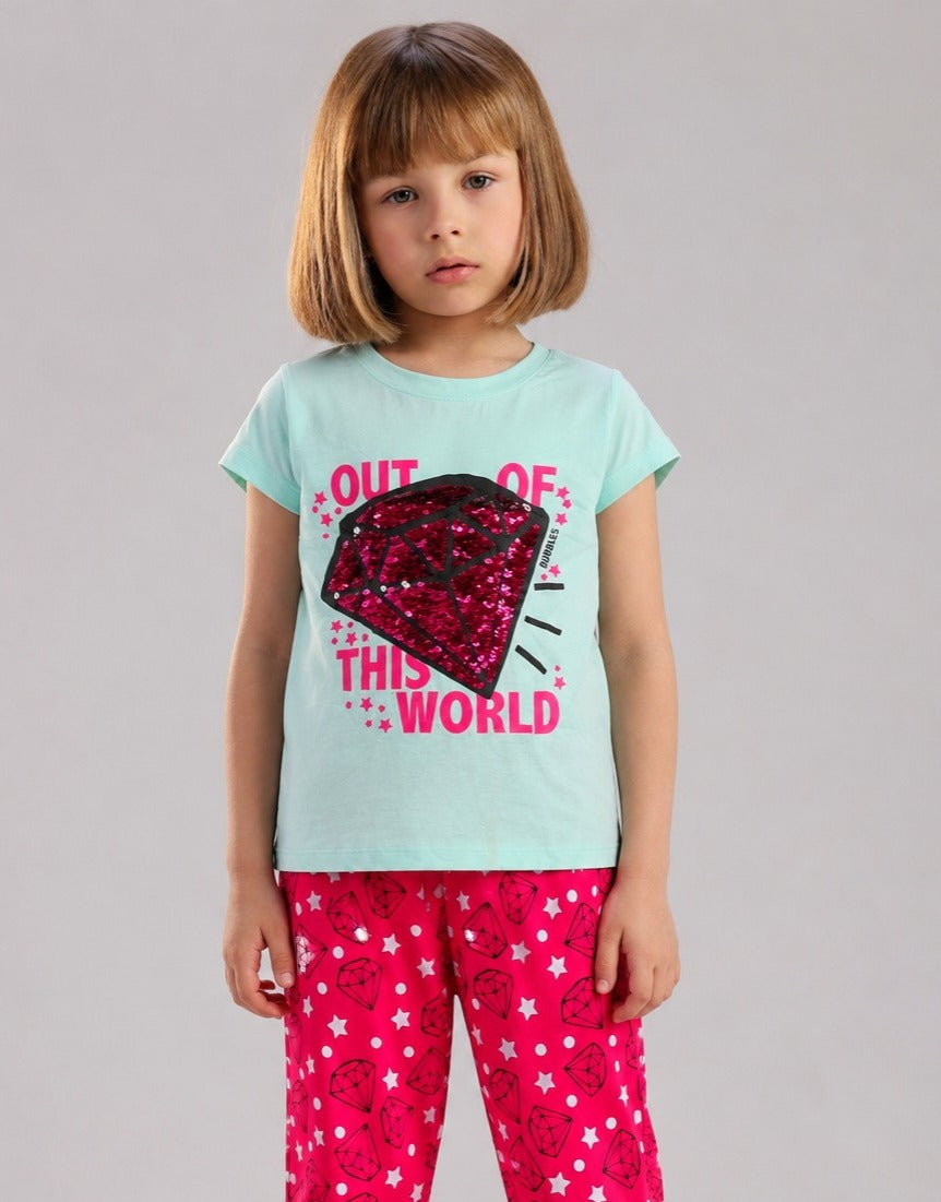 Girls’ Sequin Diamond Graphic T-Shirt & Printed Pants Set – Fun Casual 2-Piece Outfit