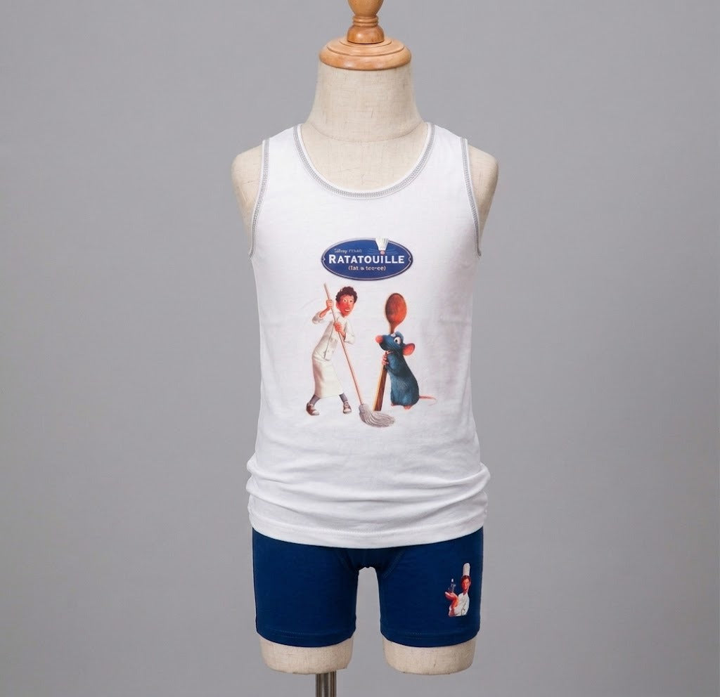 Kids’ Disney Ratatouille Tank Top & Shorts Set – White Graphic Sleeveless Top with Blue Character Shorts