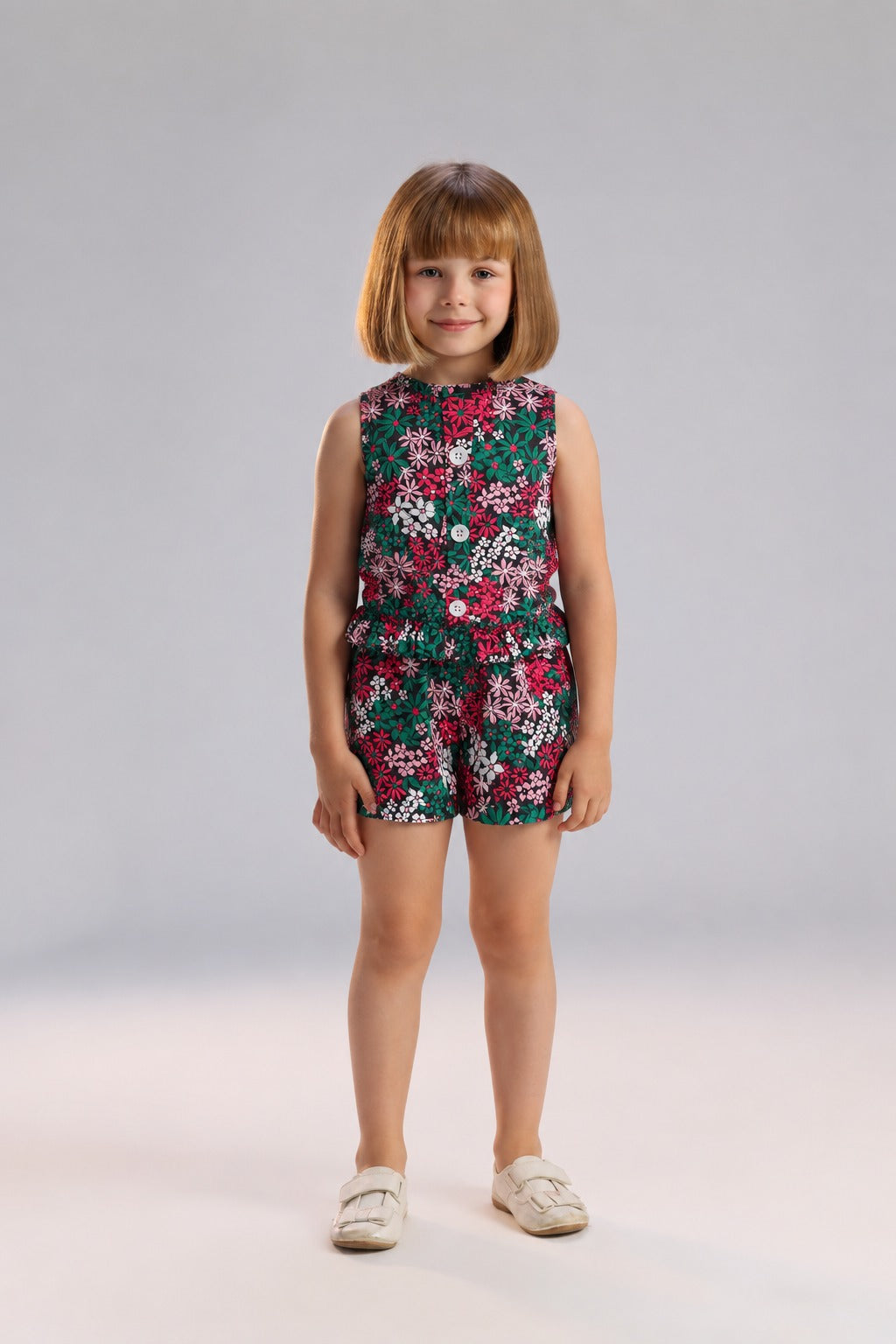 Girls’ Floral Print Sleeveless Romper – Button-Front Summer Playsuit with Shorts
