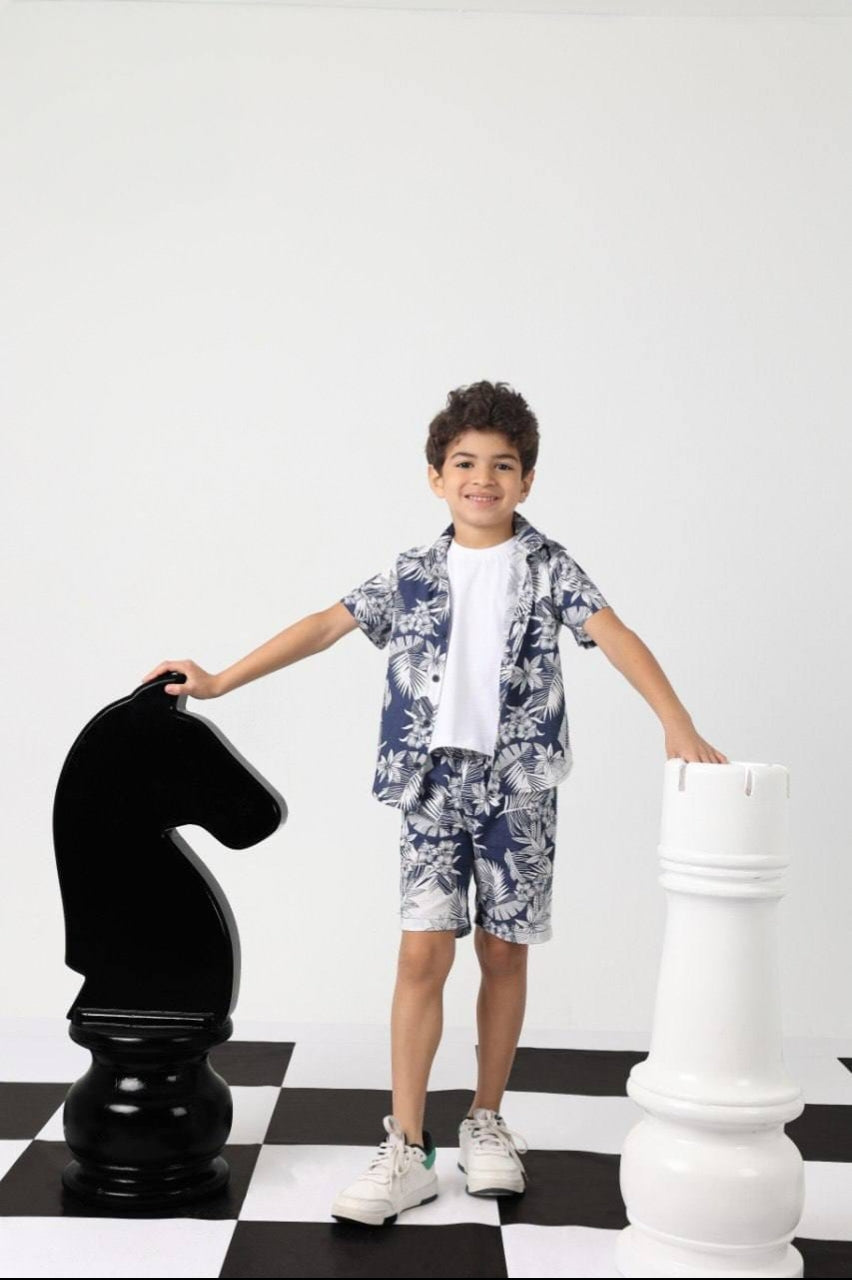 Boys’ Tropical Print Shirt & Shorts Set – Navy & White Short-Sleeve Summer Outfit