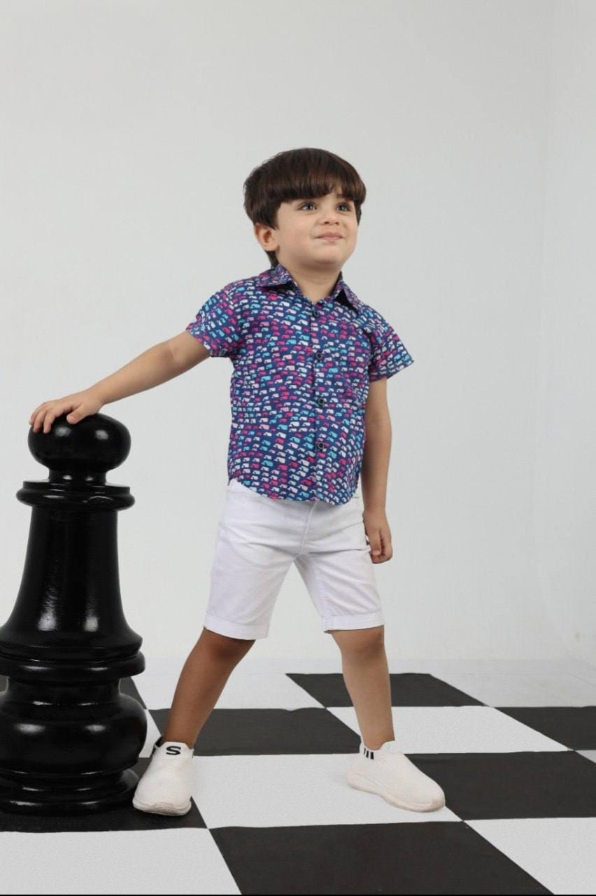 Boys’ Printed Short-Sleeve Shirt & White Shorts Set – Stylish Casual Summer Outfit
