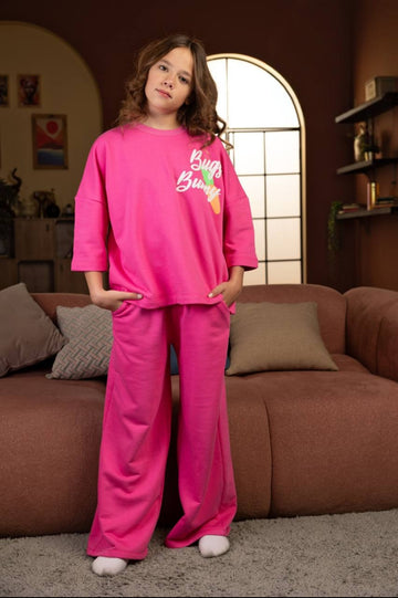 Girls’ Pink “Bung Bunny” Graphic Sweatshirt & Wide-Leg Pants Set – Cozy Casual Outfit