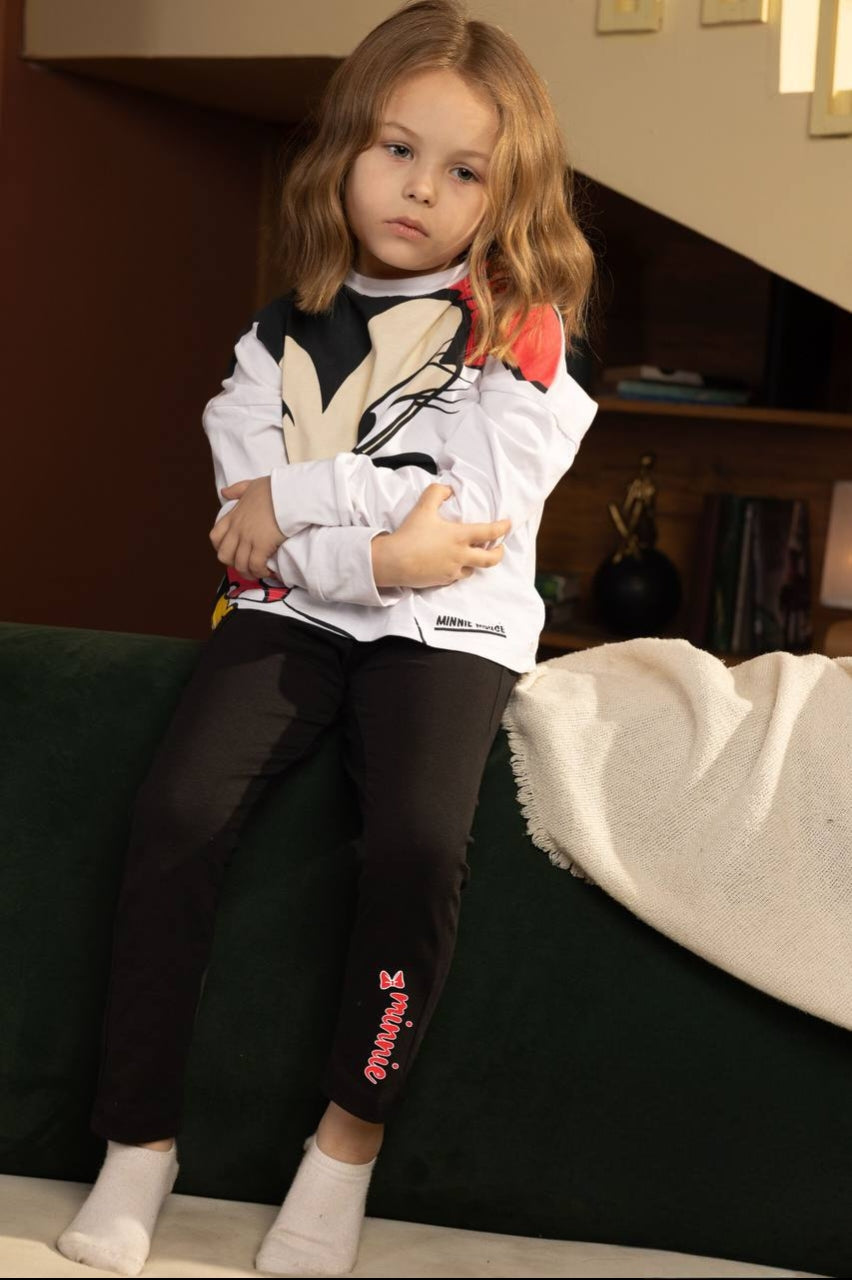 Girls’ Minnie Mouse Long-Sleeve T-Shirt & Heart Print Wide-Leg Pants Set – Casual Character Outfit