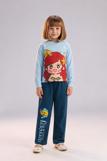 Girls’ Cute Character Pajama Set – Long-Sleeve Graphic Top & Printed Wide-Leg Pants