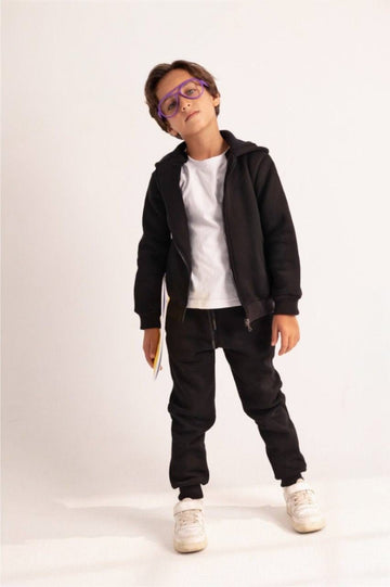 Boys’ Black Zip-Up Hoodie – Casual Hooded Sweatshirt with Front Pockets