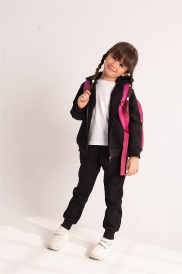 Girls’ Black Zip-Up Hoodie & Jogger Set – Casual 2-Piece Outfit with Hooded Jacket