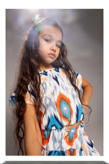 Girls’ Printed Wide-Leg Pants Set – Short-Sleeve Top & Relaxed Trousers with Colorful Geometric Pattern