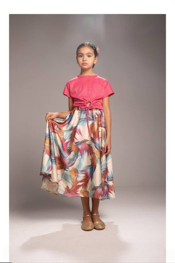 Girls’ Pink Crop Top & Floral Midi Skirt Set – Stylish Two-Piece Summer Outfit