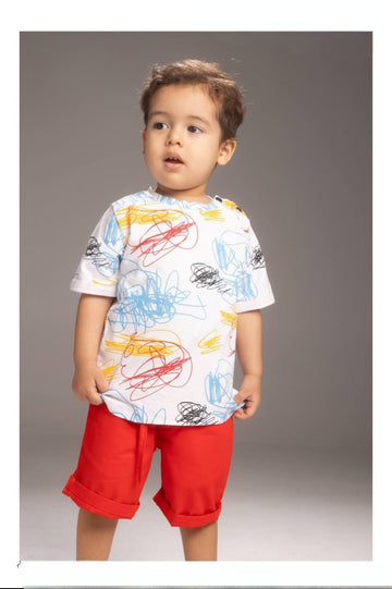 Boys’ Scribble Print T-Shirt & Red Shorts Set – Casual Summer Outfit