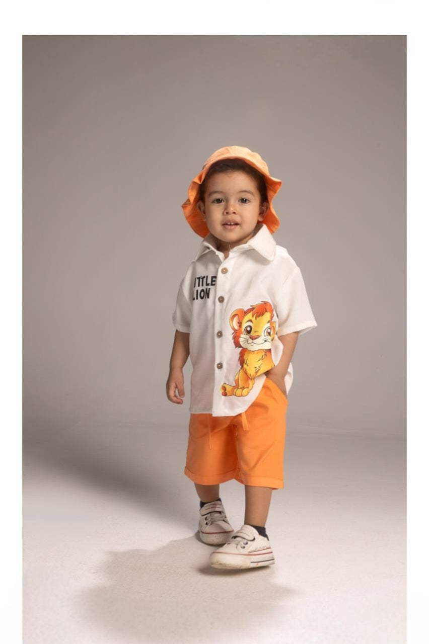 Boys’ Lion Graphic Shirt & Orange Shorts Set – Casual Summer Outfit
