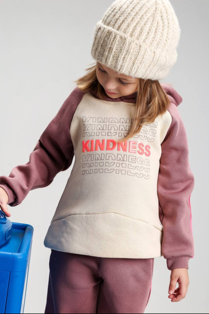 Girls’ Kindness Hoodie & Jogger Set – Color-Block Tracksuit with Pink Side Stripes