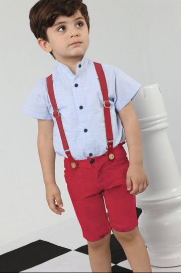 Boys’ Light Blue Shirt & Red Suspender Shorts Set – Smart Casual 2-Piece Outfit