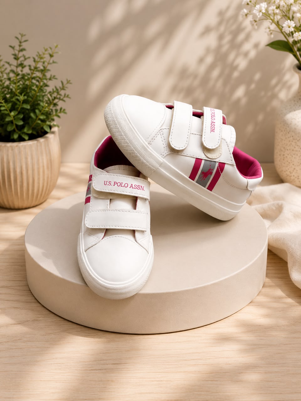 Girls’ White & Pink U.S. Polo Assn. Sneakers with Double Velcro Strap – Casual Kids’ Shoes