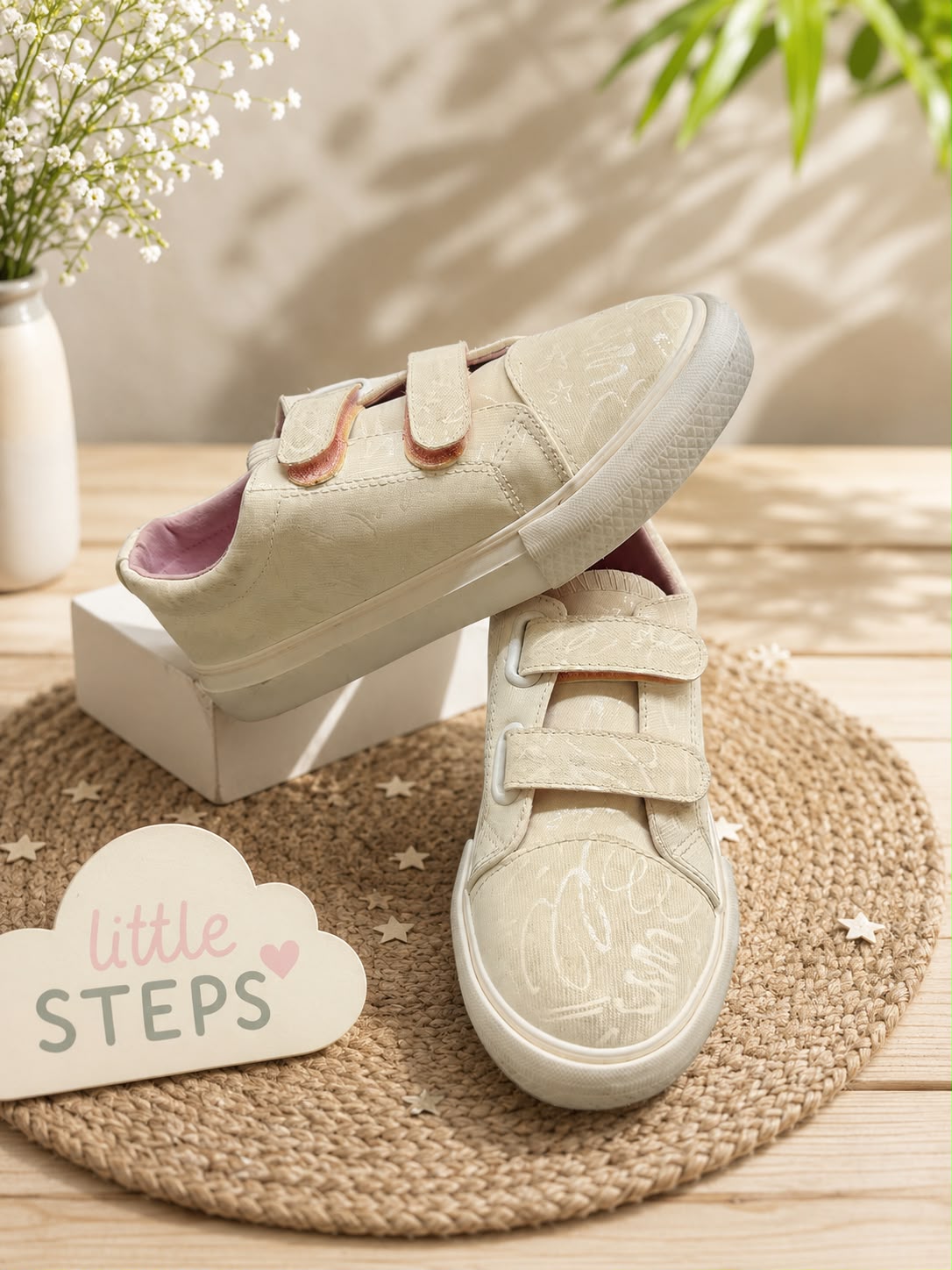 Girls’ Velcro Strap Sneakers – Cream Casual Shoes with Pink Details