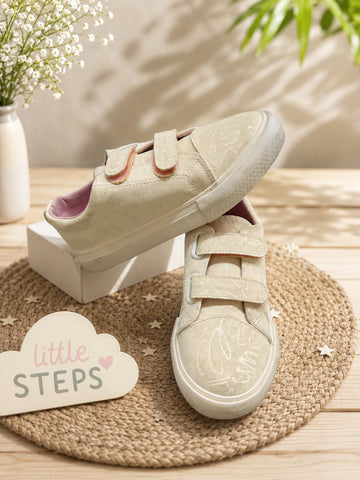 Girls’ Velcro Strap Sneakers – Cream Casual Shoes with Pink Details