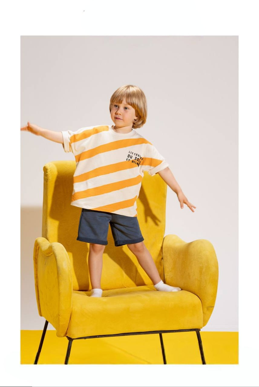 Boys’ Striped Oversized T-Shirt & Shorts Set – Orange and Navy Casual Summer Outfit