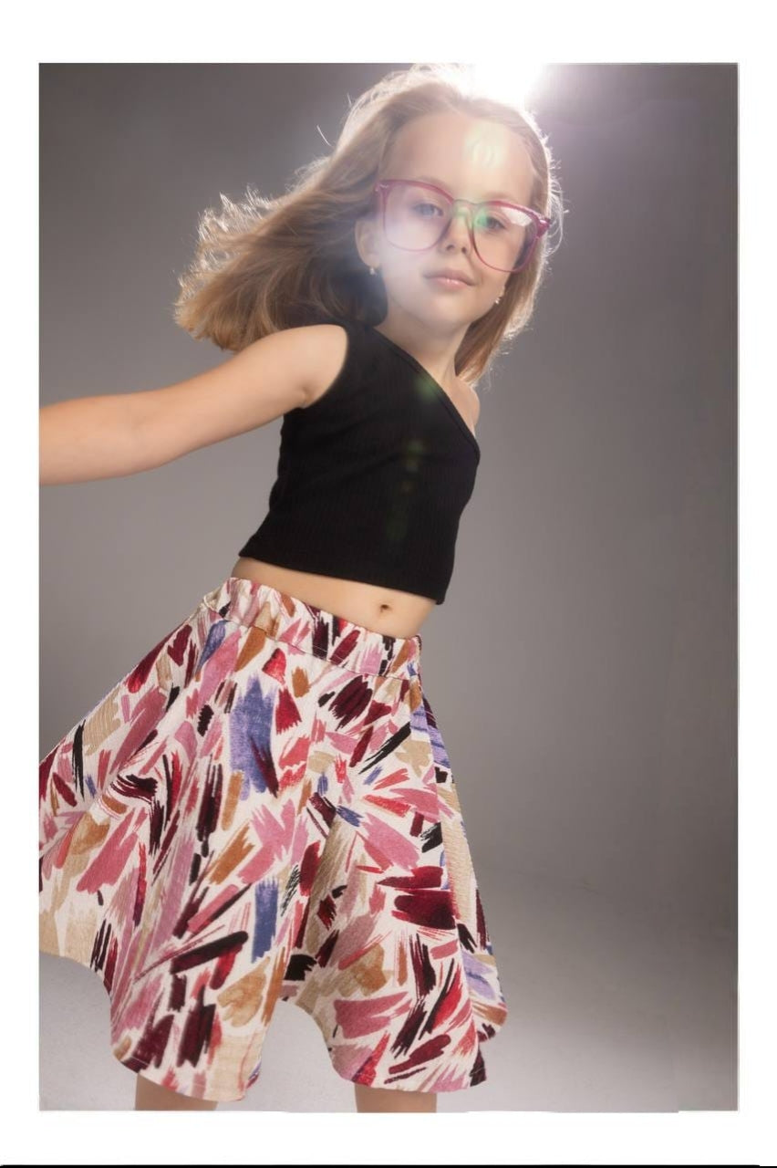Girls’ Abstract Print Skirt Set – One-Shoulder Top & Flared Midi Skirt