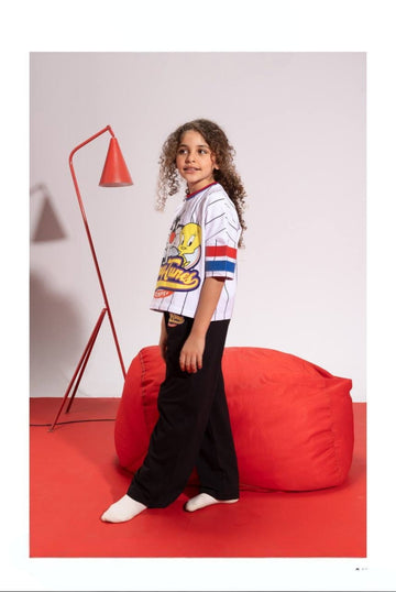 Girls’ Tweety Graphic T-Shirt & Wide-Leg Pants Set – Striped Casual Outfit