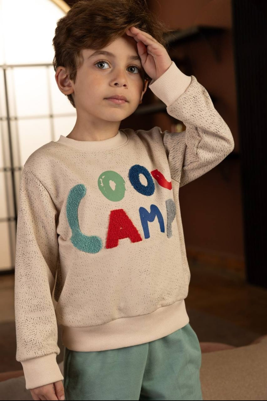 Boys’ Beige & Green 2-Piece Tracksuit Set – Graphic Sweatshirt & Jogger Pants