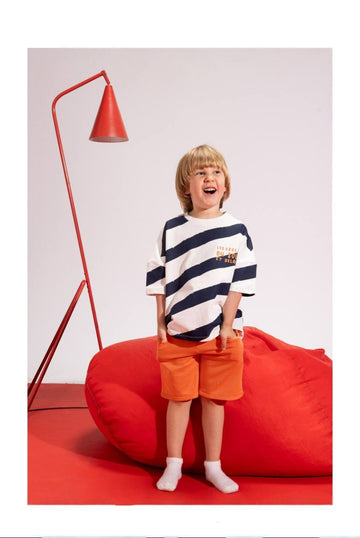 Boys’ Navy Striped T-Shirt & Orange Shorts Set – Casual 2-Piece Summer Outfit