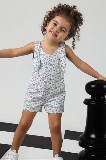Girls’ Printed Sleeveless Romper – Colorful Shell Pattern Casual Summer Jumpsuit