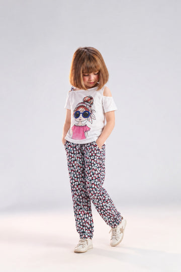 Girls’ 2-Piece Printed Outfit Set – Graphic Cold-Shoulder Top & Floral Wide-Leg Pants