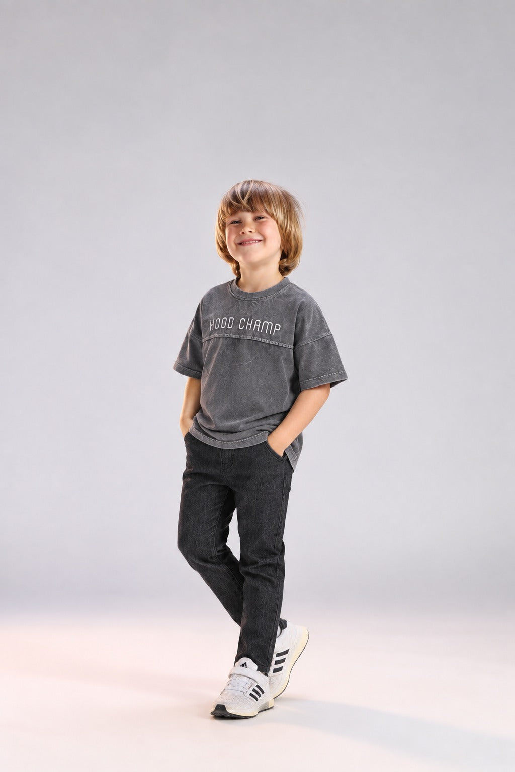 Boys’ Graphic T-Shirt – Grey Oversized “Hood Champ” Casual Tee