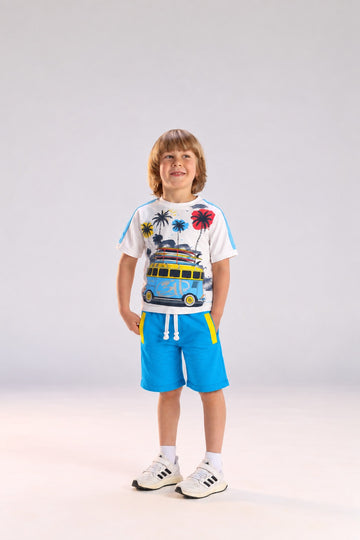 Boys’ Summer 2-Piece Outfit Set – Palm Tree Graphic T-Shirt & Colorful Drawstring Shorts